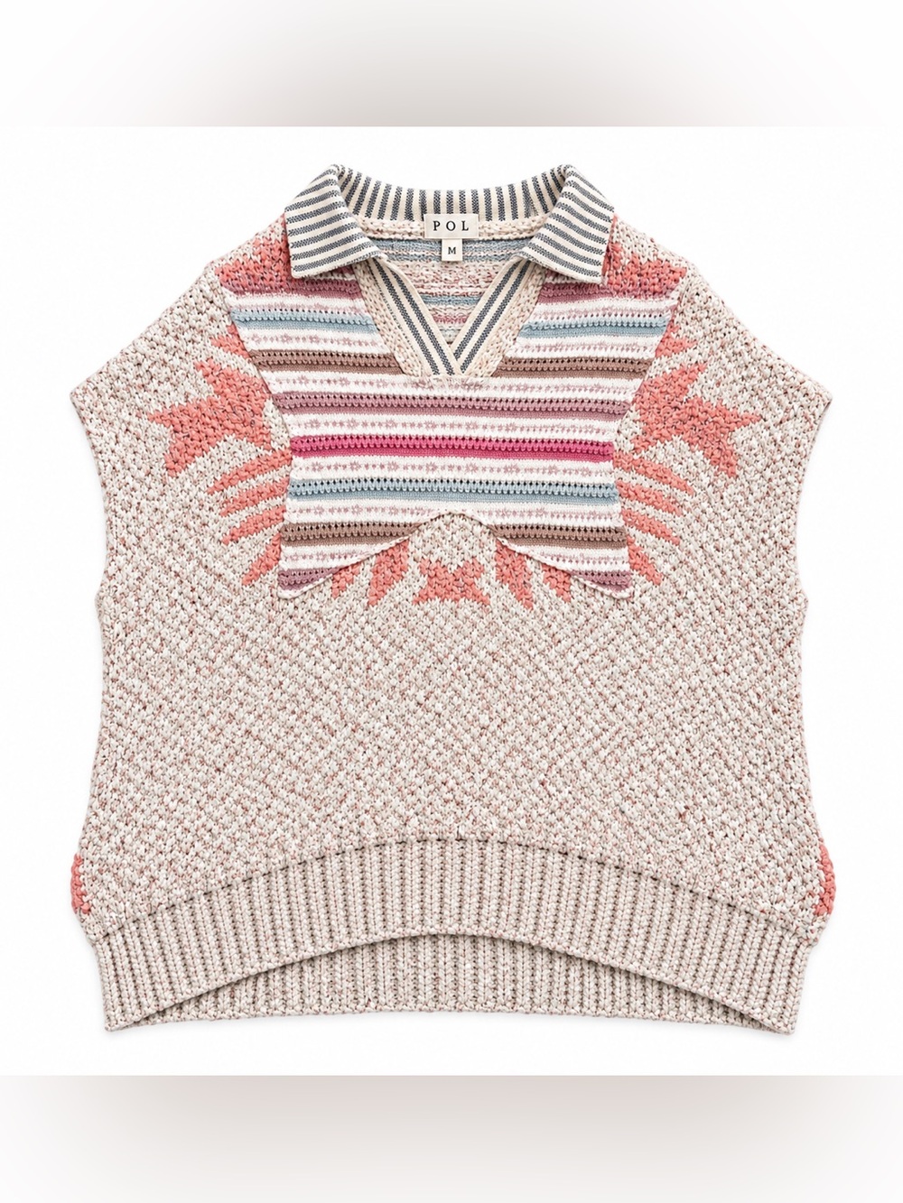 POL Women's V-Neck Striped Collar Sweater in Pink and Cream
